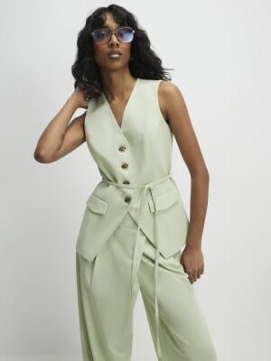 Green Sleeveless Tie Detail Waistcoat