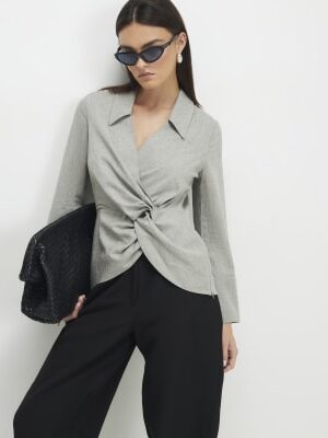 Grey Long Sleeve Twisted Collared Top