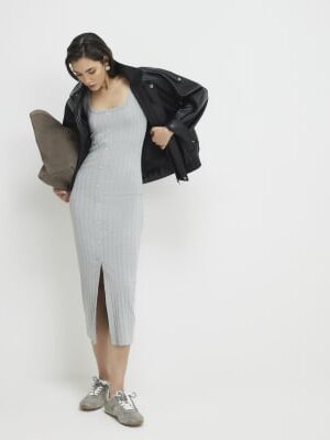 Grey Sleeveless Ribbed Button Midi Dress