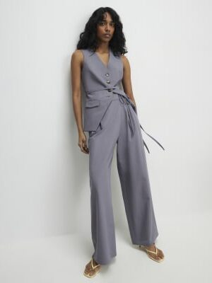 Grey Wrap Detail Wide Leg Trousers
