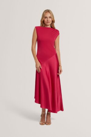 High Neck Satin Asymmetric Skirt Midi Dress