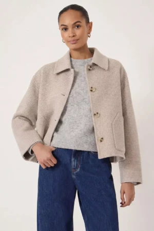 HUSH Check Double Faced Wool Rich Jacket, Oatmeal Grey