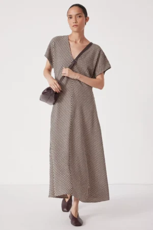 HUSH Grace Check V-Neck Maxi Dress, Brown/Multi