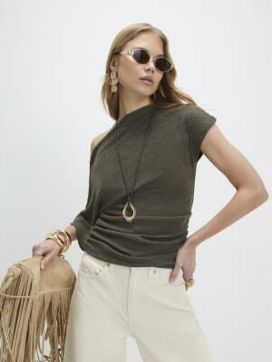 Khaki Banded Hem Drape Top