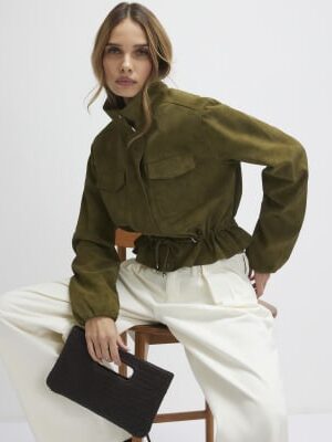 Khaki Funnel Neck Drawstring Jacket