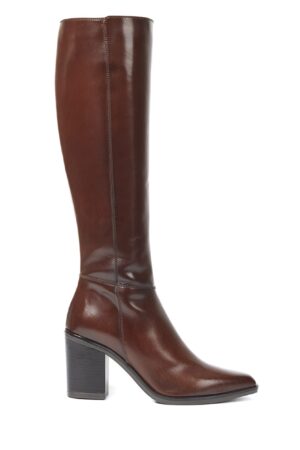 Leather Block Heel Knee High Boots