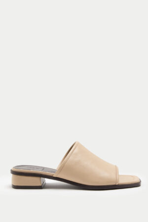 Leather Block Heel Peep Toe Mules