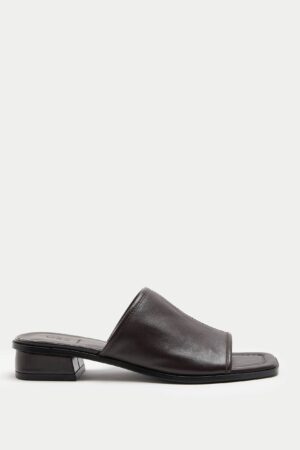 Leather Block Heel Peep Toe Mules