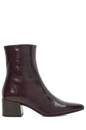Leather Block Heel Pointed Ankle Boots