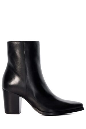 Leather Block Heel Pointed Ankle Boots