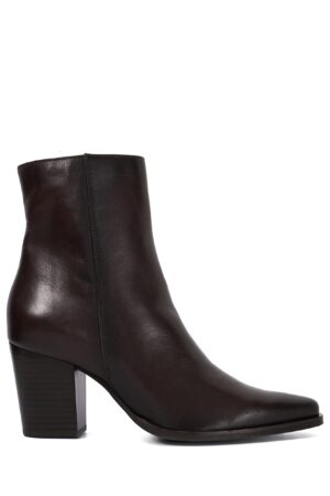 Leather Block Heel Pointed Ankle Boots