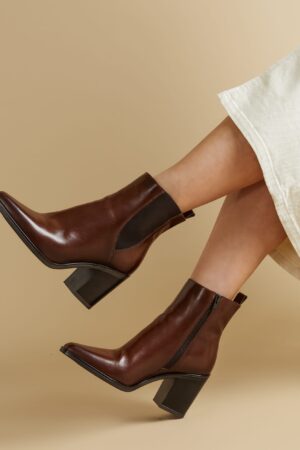 Leather Block Heel Pointed Ankle Boots