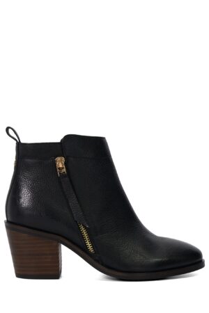 Leather Block Heel Pointed Ankle Boots