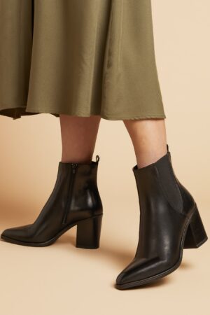 Leather Block Heel Pointed Ankle Boots