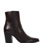 Leather Block Heel Pointed Ankle Boots
