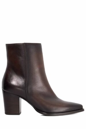 Leather Block Heel Pointed Ankle Boots