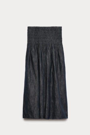 Linen Blend Denim Shirred Midaxi Drop Waist Skirt