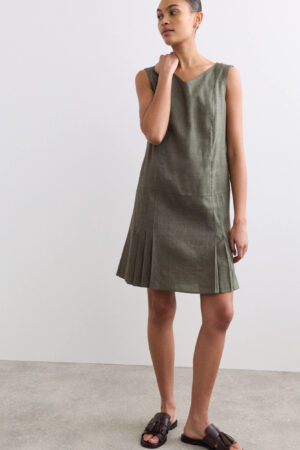Linen Blend V-Neck Knee Length Shift Dress