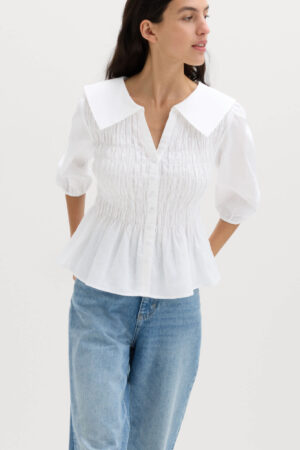 Linen Rich Collared Shirred Shirt