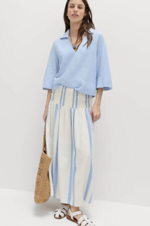 Linen Rich Shirred Tie Detail Maxi Skirt