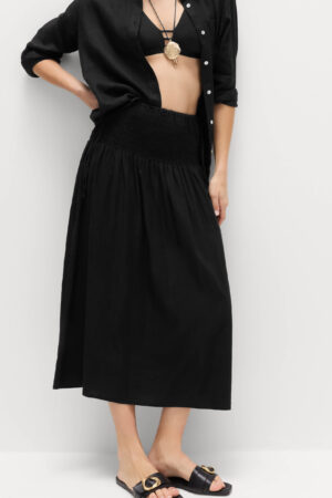 Linen Rich Shirred Tie Detail Maxi Skirt