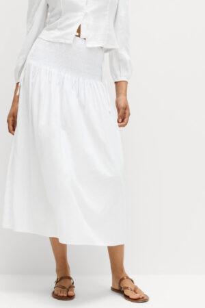Linen Rich Shirred Tie Detail Maxi Skirt