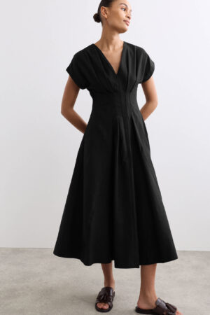 Lyocell Blend V-Neck Midi Skater Dress