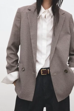 Mango Charlotte Micro Houndstooth Jacket, Dark Red/White
