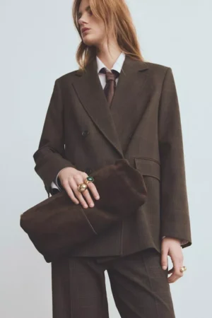 Mango Check Double Breasted Blazer, Brown