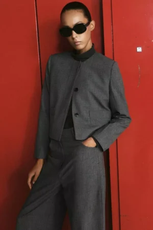 Mango Collarless Check Cropped Jacket, Grey
