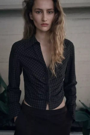 Mango Galeen Check Gathered Detail Shirt, Grey