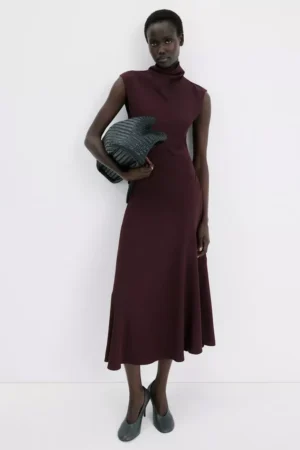 Mango High Neck Sleeveless Midi Dress, Wine