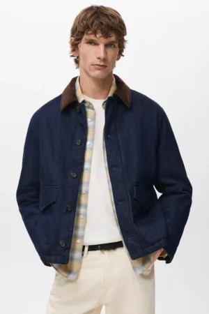Mango Wiston Corduroy Collar Denim Jacket, Dark Blue