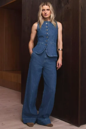 Mint Velvet Buckle Detail Wide Leg Jeans, Mid Indigo