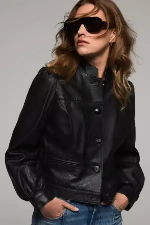 Mint Velvet Puff Sleeve Pure Leather Jacket, Black