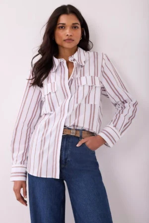 Mint Velvet Stripe Scallop Detail Shirt, Brown/Multi