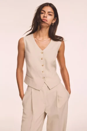 Mint Velvet Tailored Cropped Waistcoat, Natural Stone