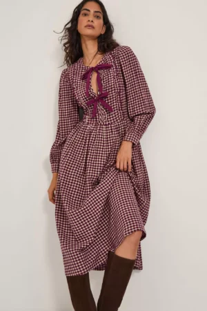 Monsoon Agatha Tie Front Check Midi Dress, Cherry