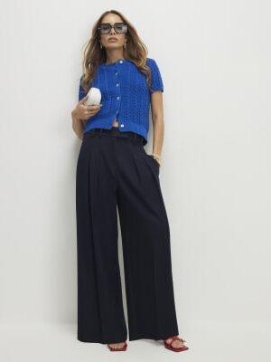 Navy Denim Look Wide Leg Trousers