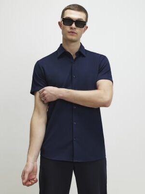 Navy Muscle Fit Short Sleeve Pique Shirt