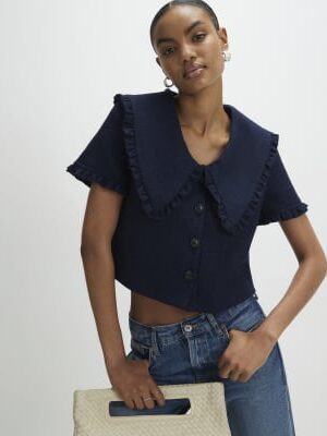 Navy Oversized Collar Boucle Top