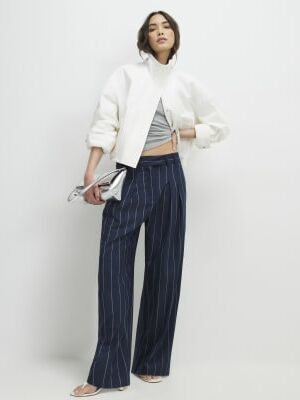 Navy pinstripe wide leg trousers