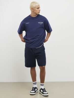 Navy Regular Fit Crosshatch Cargo Shorts