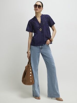 Navy Short Sleeve Lace Button Through Blouse