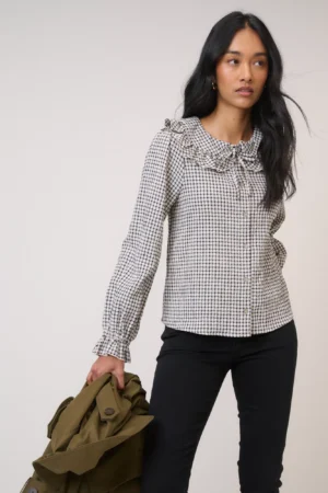 Nobody's Child Lawrence Ruffle Collar Check Blouse containing LENZING™ ECOVERO™ Viscose, White
