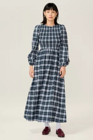 OMNES Saint Check Midi Dress, Navy Check