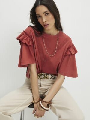 Orange Chevron Ruffle Sleeve T-Shirt
