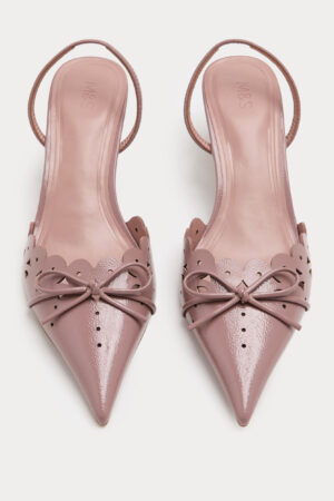 Patent Bow Cut Out Kitten Heel Pointed Slingback Shoes