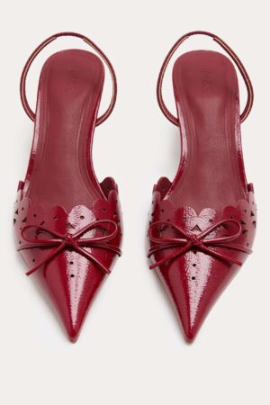 Patent Bow Cut Out Kitten Heel Pointed Slingback Shoes