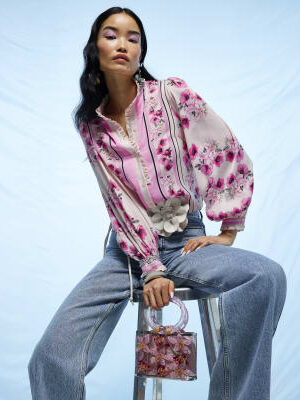 Pink Floral Half Placket Blouse